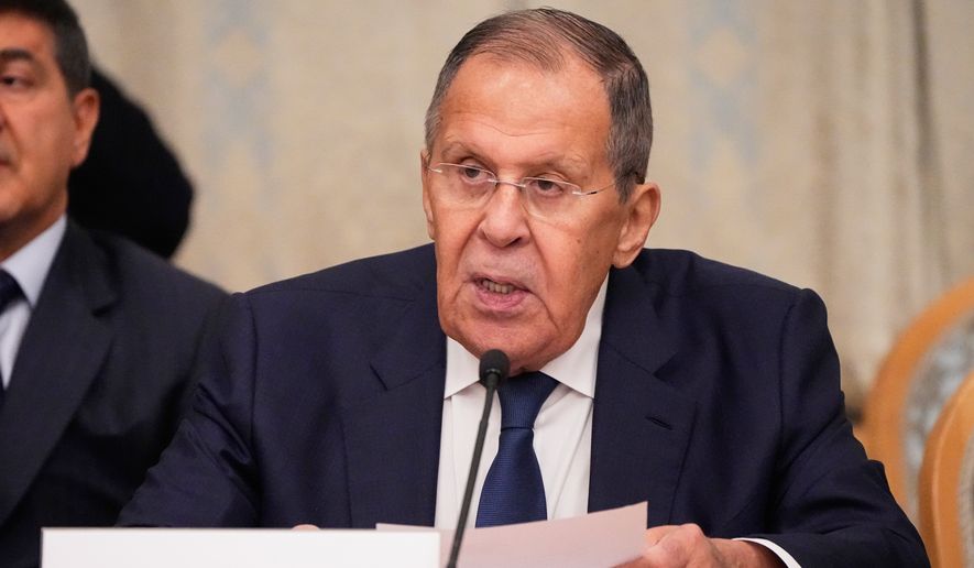 Russian Foreign Minister Sergey Lavrov speaks during the Moscow format consultations on Afghanistan in Moscow, Monday, Oct. 5, 2026. (AP Photo/Alexander Zemlianichenko) ** FILE **