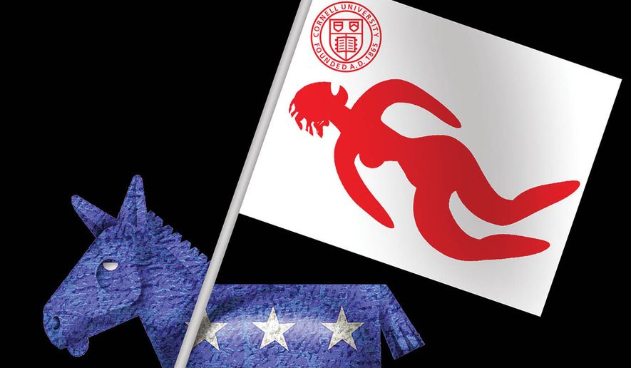 Democrats and the Cornell University gang rape case illustration by Alexander Hunter/The Washington Times