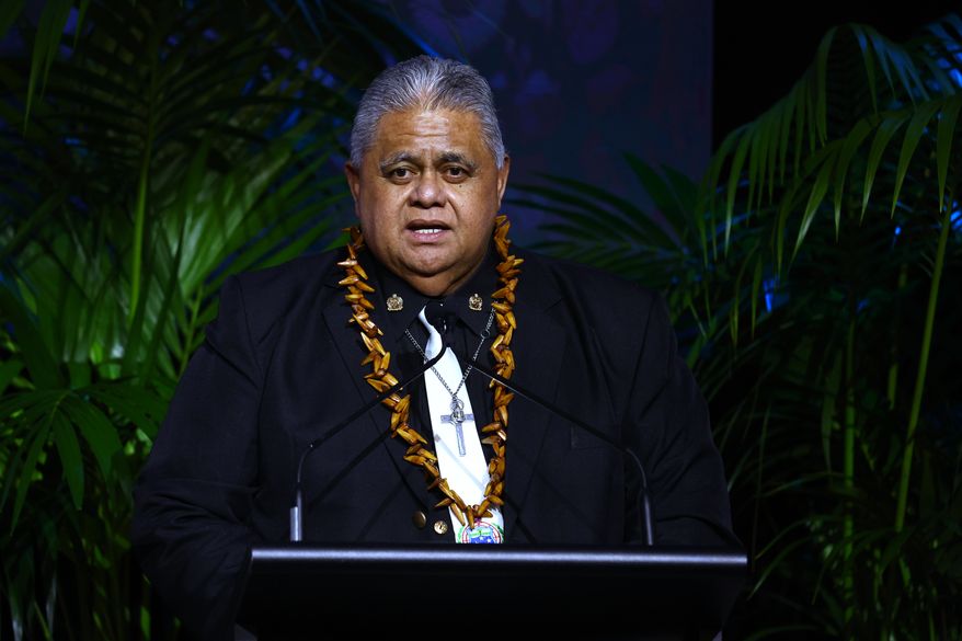 Samoa’s Prime Minister Laʻauli Leuatea Schmidt speaks during the launch of the Pacific Rugby league partnership in Brisbane, Australia on July 8, 2026. (Jason O'Brien/AAP Image via AP)