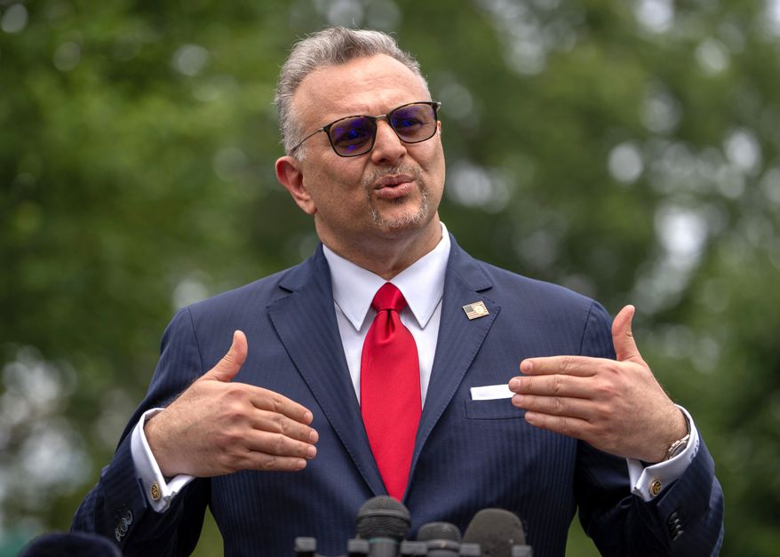 White House senior adviser Massad Boulos speaks to reporters at the White House, July 21, 2026, in Washington. (AP Photo/Mark Schiefelbein, File)