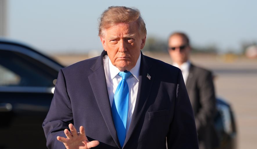President Donald Trump arrives on Air Force One at Central Nebraska Regional Airport, Monday, Oct. 5, 2026, in Grand Island, Neb. (AP Photo/Alex Brandon)