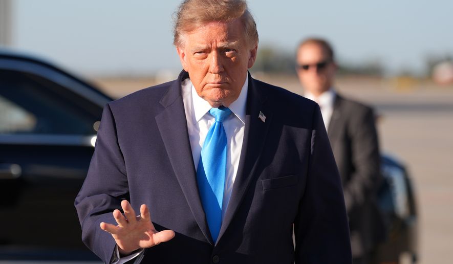 President Donald Trump arrives on Air Force One at Central Nebraska Regional Airport, Monday, Oct. 5, 2026, in Grand Island, Neb. (AP Photo/Alex Brandon)