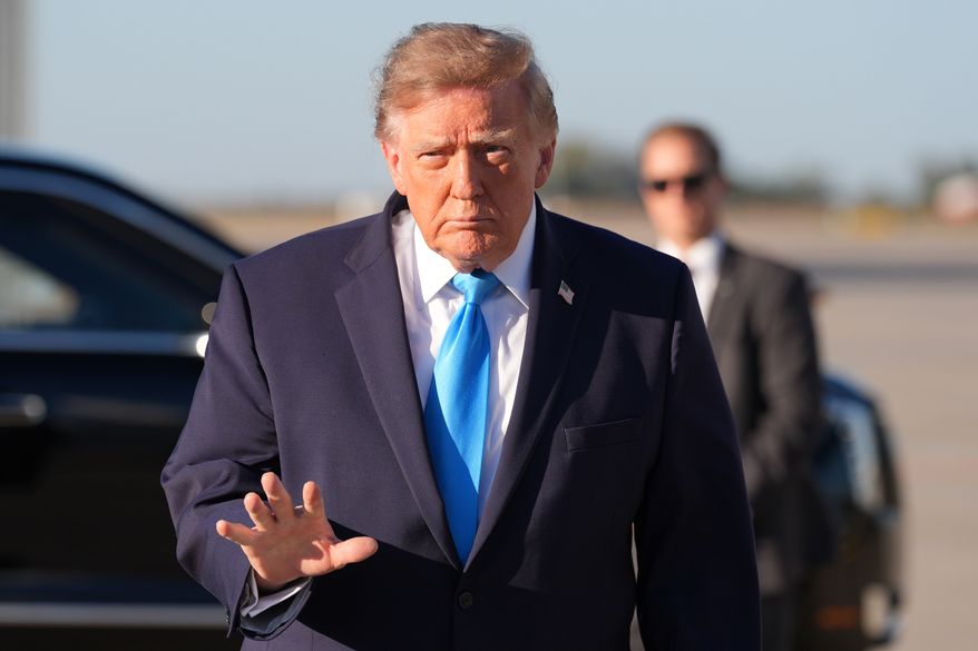 President Donald Trump arrives on Air Force One at Central Nebraska Regional Airport, Monday, Oct. 5, 2026, in Grand Island, Neb. (AP Photo/Alex Brandon)