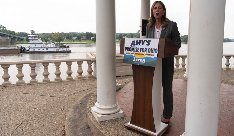 Democratic gubernatorial candidate Dr. Amy Acton speaks during a campaign event along the Ohio River, in Marietta, Ohio, Thursday, Sept. 17, 2026. (AP Photo/Carolyn Kaster)