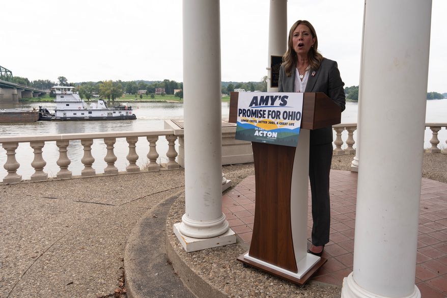 Democratic gubernatorial candidate Dr. Amy Acton speaks during a campaign event along the Ohio River, in Marietta, Ohio, Thursday, Sept. 17, 2026. (AP Photo/Carolyn Kaster)