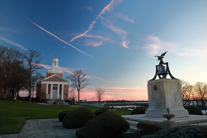 Colorful Sunset at United States Merchant Marine Academy Chapel with Memorial Bell in Foreground (Courtesy Shutterstock