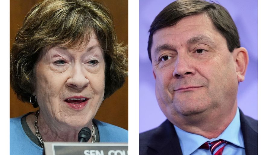 This combination of photos shows Sen. Susan Collins, R-Maine, on Sept. 24, 2026, in Washington, left, and her challenger for the Maine's U.S. Senate seat, Democratic candidate Troy Jackson on July 16, 2026, in Portland, Maine. (AP Photo/Mariam Zuhaib, Robert F. Bukaty)