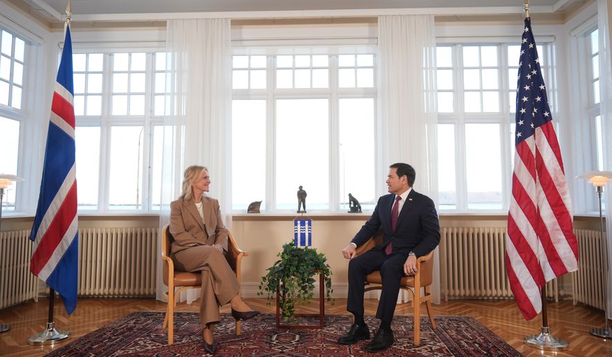 U.S. Secretary of State Marco Rubio tours Hofdi House with Iceland's Foreign Minister Thorgerour Katrín Gunnarsdottir, Tuesday, Oct. 6, 2026, in Reykjavik, Iceland. (AP Photo/Mark Schiefelbein, Pool)