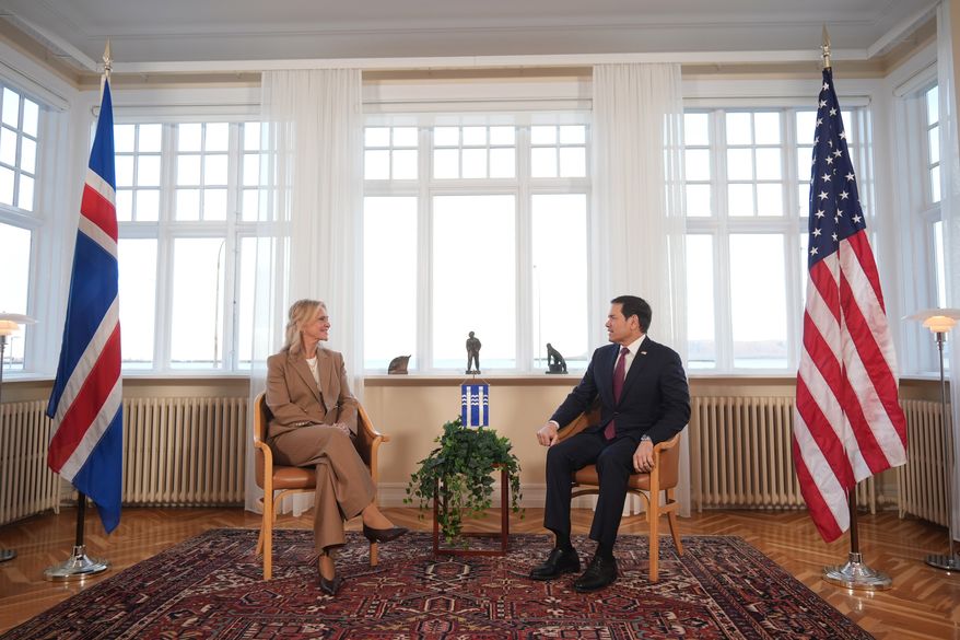 U.S. Secretary of State Marco Rubio tours Hofdi House with Iceland's Foreign Minister Thorgerour Katrín Gunnarsdottir, Tuesday, Oct. 6, 2026, in Reykjavik, Iceland. (AP Photo/Mark Schiefelbein, Pool)