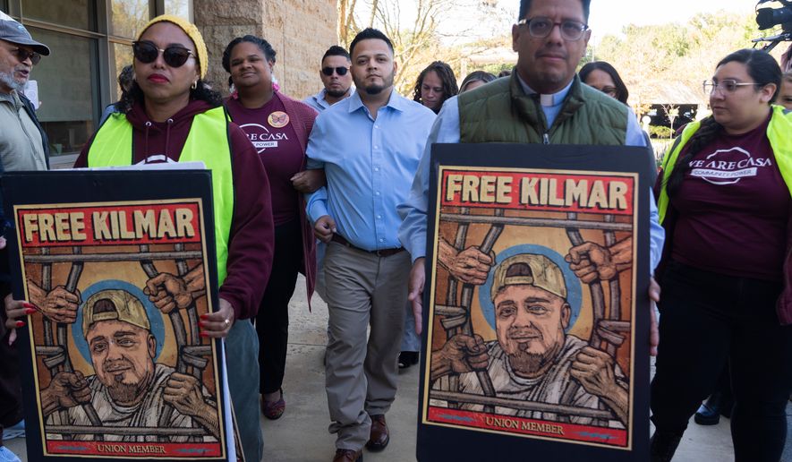 Kilmar Abrego Garcia, center, arrives with his supporters at the U.S. District Court for the District of Maryland, in Greenbelt, Md., for a hearing in the immigration-related case of Kilmar Abrego Garcia, Tuesday, Oct. 6, 2026. (AP Photo/Manuel Balce Ceneta)
