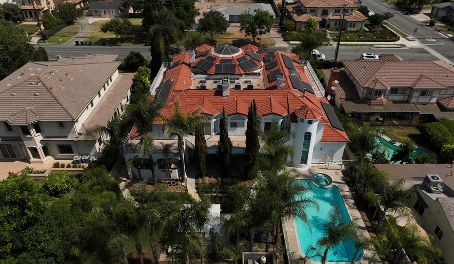 An aerial view shows the home of Silvia Zhang and Guojun Xuan on July 16, 2025, in Arcadia, Calif. (AP Photo/Jae C. Hong, File)
