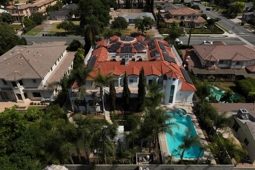 An aerial view shows the home of Silvia Zhang and Guojun Xuan on July 16, 2025, in Arcadia, Calif. (AP Photo/Jae C. Hong, File)
