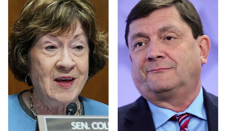 This combination of photos shows Sen. Susan Collins, R-Maine, on Sept. 24, 2026, in Washington, left, and her challenger for the Maine's U.S. Senate seat, Democratic candidate Troy Jackson on July 16, 2026, in Portland, Maine. (AP Photo/Mariam Zuhaib, Robert F. Bukaty)