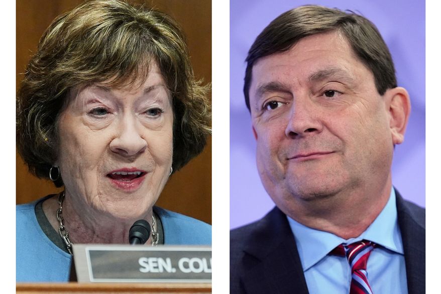 This combination of photos shows Sen. Susan Collins, R-Maine, on Sept. 24, 2026, in Washington, left, and her challenger for the Maine's U.S. Senate seat, Democratic candidate Troy Jackson on July 16, 2026, in Portland, Maine. (AP Photo/Mariam Zuhaib, Robert F. Bukaty)