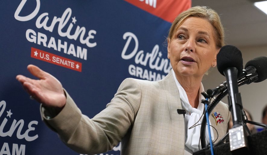 FILE - Sen. Darline Graham, R-S.C., gestures during a news conference, Aug. 24, 2026, in Columbia, S.C. (AP Photo/Meg Kinnard, File)