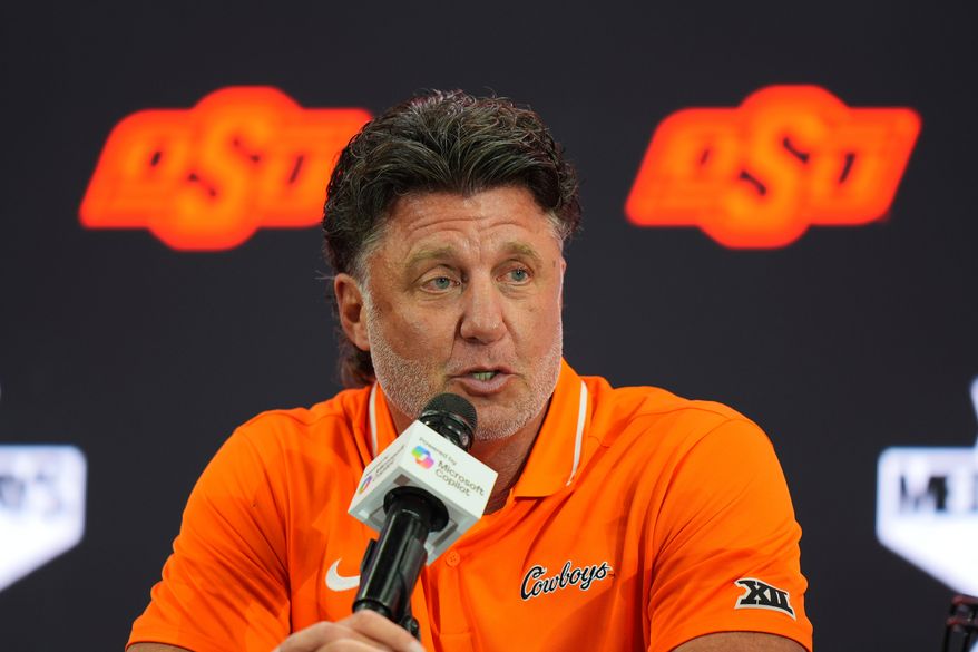 Oklahoma State head coach Mike Gundy speaks during the Big 12 NCAA college football media days in Frisco, Texas, Wednesday, July 9, 2025. (AP Photo/LM Otero, File)