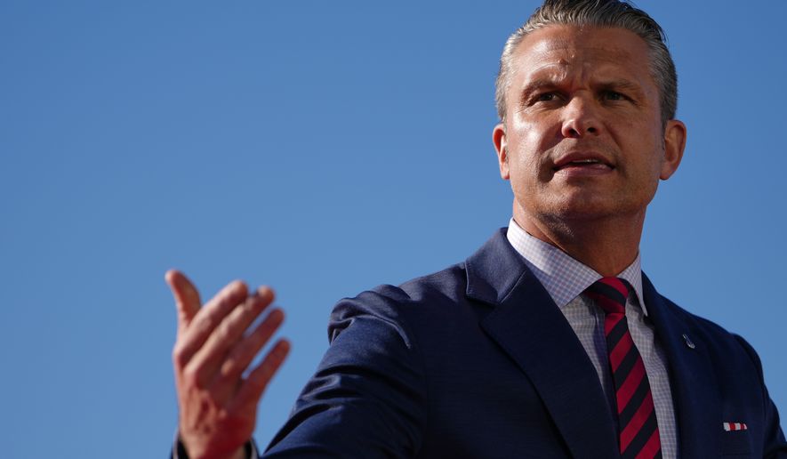 Defense Secretary Pete Hegseth speaks before President Donald Trump at an event for Anduril Industries, Inc., at Sparrows Point Shipyard, Tuesday, Oct. 6, 2026, in Sparrows Point, Md. (AP Photo/Julia Demaree Nikhinson)