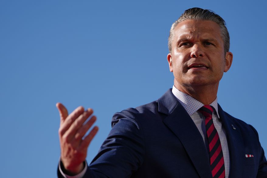 Defense Secretary Pete Hegseth speaks before President Donald Trump at an event for Anduril Industries, Inc., at Sparrows Point Shipyard, Tuesday, Oct. 6, 2026, in Sparrows Point, Md. (AP Photo/Julia Demaree Nikhinson)