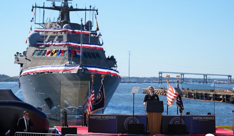 Vice Admiral Robert M. "Rob" Gaucher speaks during an event at the Anduril Industries submarine manufacturing facility in Sparrows Point, Md., Tuesday, Oct. 6, 2026. (AP Photo/Stephanie Scarbrough)