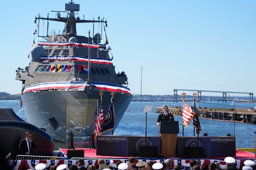 Vice Admiral Robert M. "Rob" Gaucher speaks during an event at the Anduril Industries submarine manufacturing facility in Sparrows Point, Md., Tuesday, Oct. 6, 2026. (AP Photo/Stephanie Scarbrough)