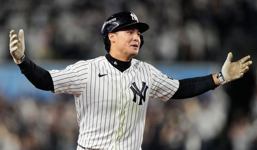 New York Yankees' Anthony Volpe celebrates his run-scoring double during the sixth inning in Game 3 of baseball's American League Division Series against the Tampa Bay Rays, Wednesday, Oct. 7, 2026, in New York. (AP Photo/Seth Wenig)