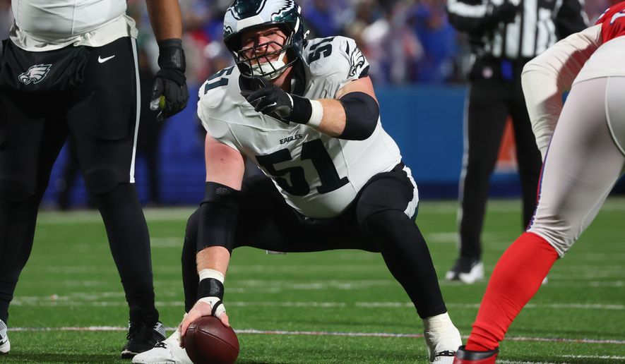 FILE - Philadelphia Eagles center Cam Jurgens (51) readies in position during the first half of an NFL football game against the Buffalo Bills in Orchard Park, N.Y., Sunday Dec. 28, 2025. (AP Photo/ Jeffrey T. Barnes, File)