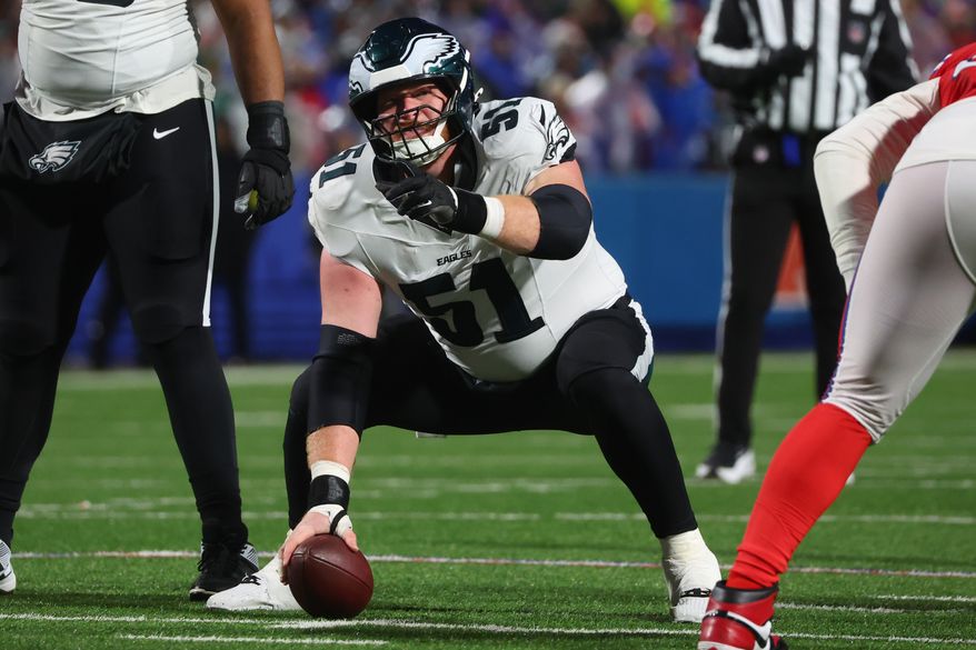 FILE - Philadelphia Eagles center Cam Jurgens (51) readies in position during the first half of an NFL football game against the Buffalo Bills in Orchard Park, N.Y., Sunday Dec. 28, 2025. (AP Photo/ Jeffrey T. Barnes, File)