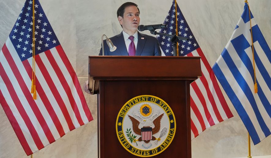 U.S. Secretary of State Marco Rubio speaks during a dedication ceremony at the chancery of the U.S. Embassy, Wednesday, Oct. 7, 2026, in Athens, Greece. (AP Photo/Mark Schiefelbein, Pool)
