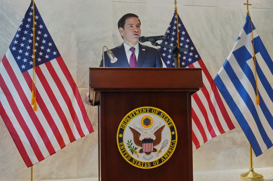 U.S. Secretary of State Marco Rubio speaks during a dedication ceremony at the chancery of the U.S. Embassy, Wednesday, Oct. 7, 2026, in Athens, Greece. (AP Photo/Mark Schiefelbein, Pool)
