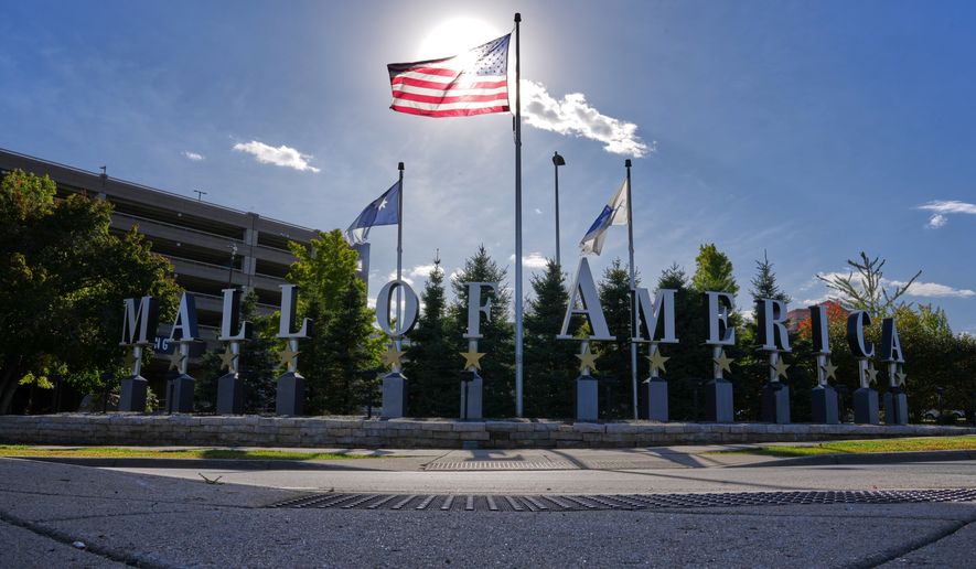 The Mall of America flies an American flag, Wednesday, Oct. 7, 2026, in Bloomington, Minn. (AP Photo/Ellen Schmidt)
