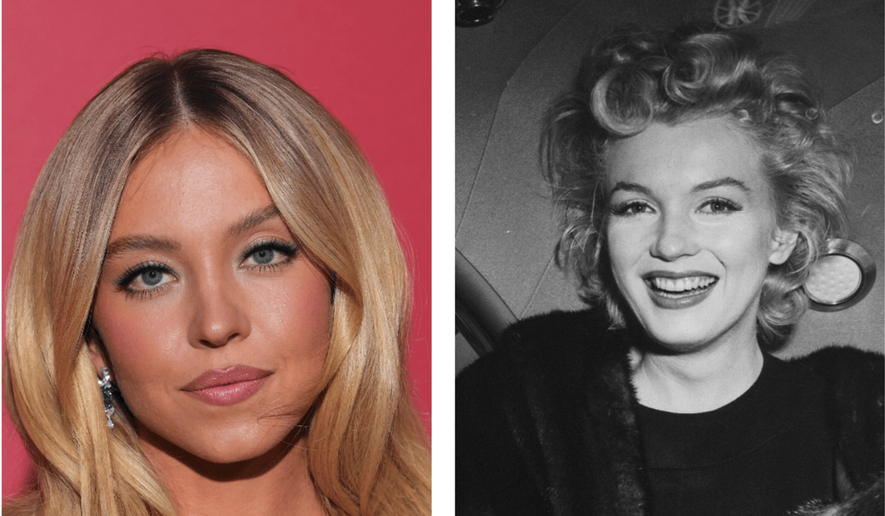 On left: Sydney Sweeney poses for photographers at the Armani beauty event during the 83rd edition of the Venice Film Festival in Venice, Italy, on Thursday, Sept. 3, 2026. (Photo by Scott A Garfitt/Invision/AP). On right: Marilyn Monroe (Credit: AP, File).