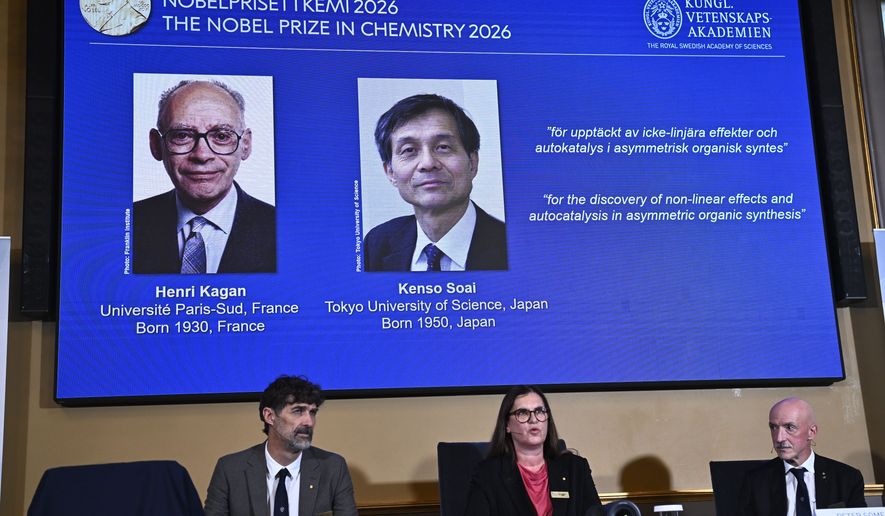 Portraits of Henri Kagan and Kenso Soai are shown on the screen as they are awarded the 2026 Nobel Prize in Chemistry, at the Royal Swedish Academy of Sciences in Stockholm, Sweden, on Oct. 7, 2026. Photo: (Fredrik Sandberg/TT News Agency via AP)