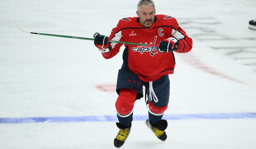 Washington Capitals left wing Alex Ovechkin (8) warms up before an NHL hockey game against the Pittsburgh Penguins, Wednesday, Oct. 7, 2026, in Washington. (AP Photo/Nick Wass)