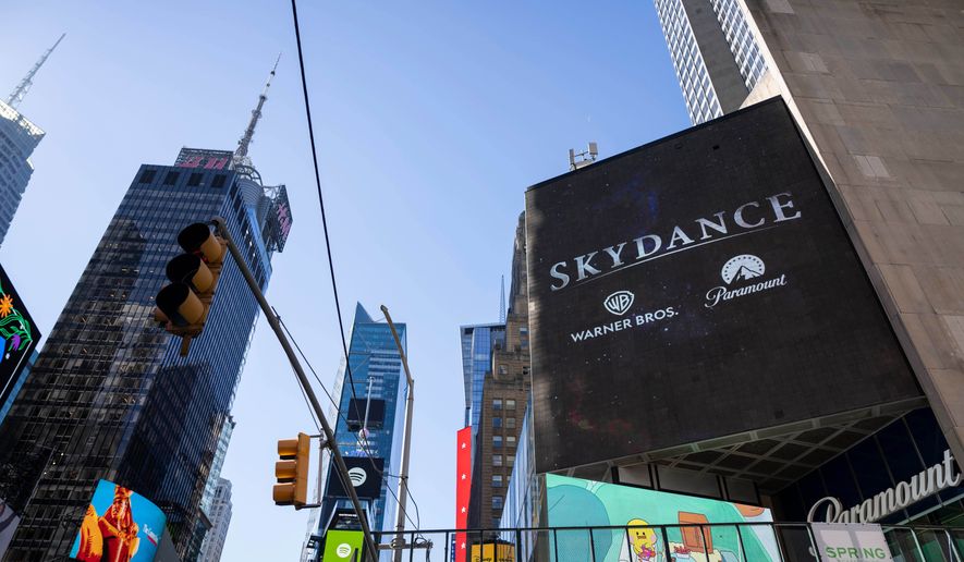 A Skydance billboard is displayed outside Paramount Global office in Times Square, Tuesday, Oct. 6, 2026, in New York. (AP Photo/Yuki Iwamura)