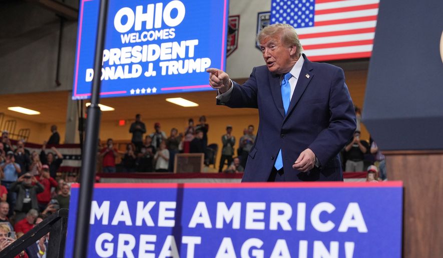President Donald Trump departs after speaking during an event at Butler High School in Vandalia, Ohio, Saturday, Oct. 3, 2026. (AP Photo/Mark Schiefelbein)