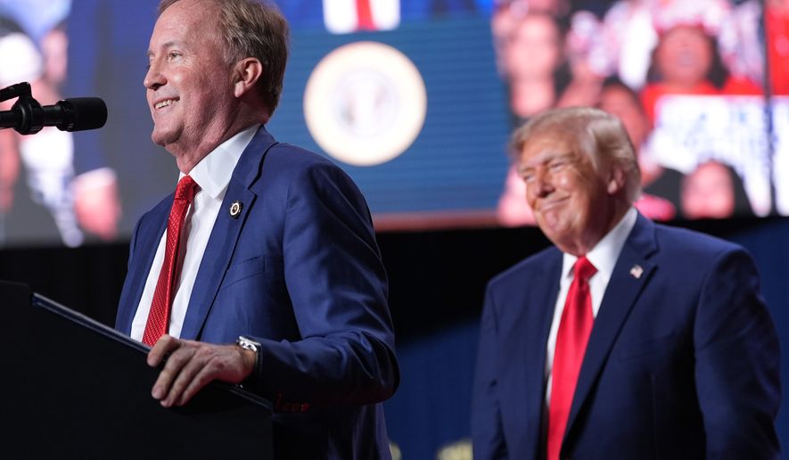 President Donald Trump listens as Republican U.S. Senate candidate Texas Attorney General Ken Paxton speaks at a campaign rally at the Freeman Coliseum in San Antonio, Wednesday, Oct. 7, 2026. (AP Photo/Alex Brandon)