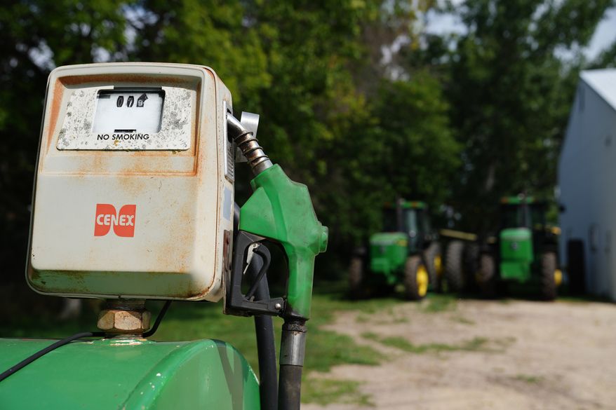 FILE - A diesel fuel tank is seen on a corn and soybean farm, Aug. 26, 2026, in Northfield, Minn. (AP Photo/Ellen Schmidt, File)
