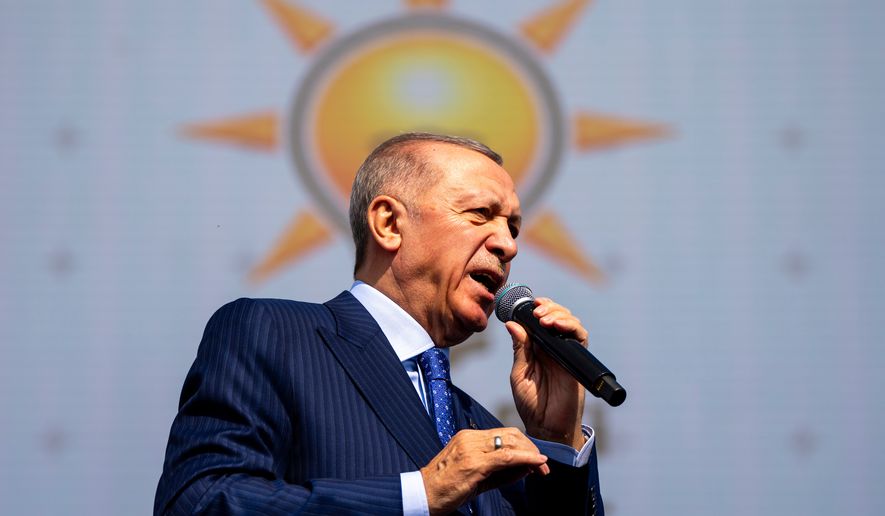 FILE - Turkish President and leader of the Justice and Development Party, or AKP, Recep Tayyip Erdogan gives a speech during a campaign rally ahead of nationwide municipality elections, in Istanbul, Turkey, Sunday, March 24, 2024. (AP Photo/Francisco Seco, File)