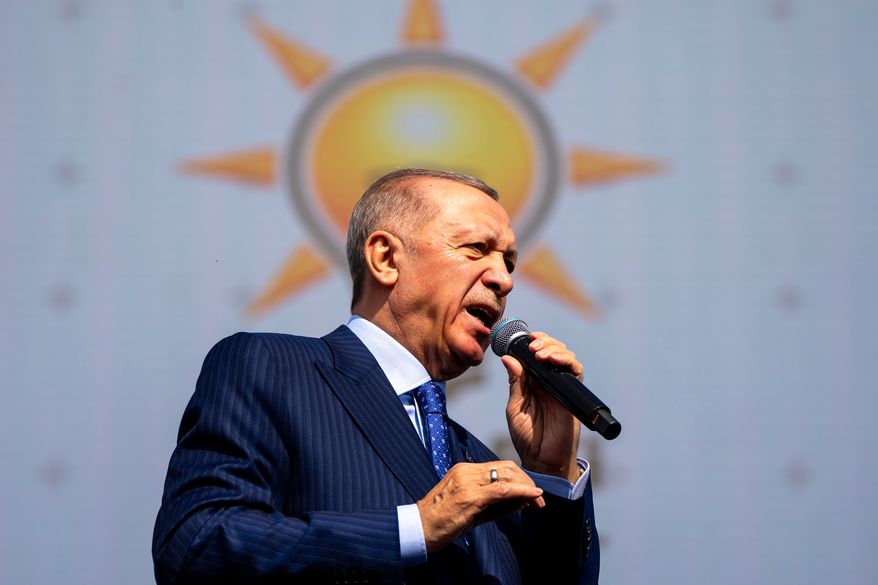 FILE - Turkish President and leader of the Justice and Development Party, or AKP, Recep Tayyip Erdogan gives a speech during a campaign rally ahead of nationwide municipality elections, in Istanbul, Turkey, Sunday, March 24, 2024. (AP Photo/Francisco Seco, File)