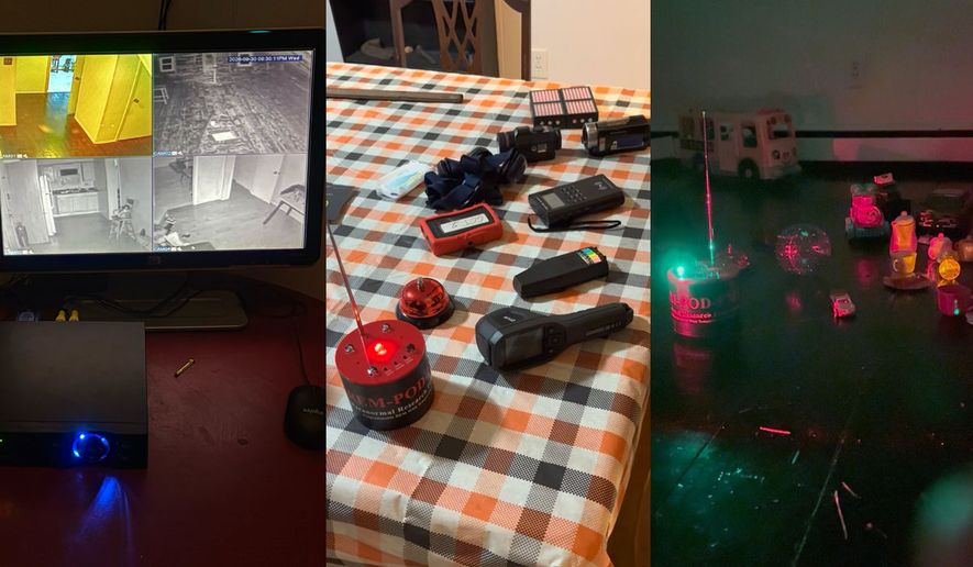 four cameras monitoring rooms in the Knoxlyn Ridge House; a table of helpful devices for the paranormal investigator; and possible spirit activity by Rosie shown via a REM Pod and cat toy. (Photographs by Jacquie Kubin / Special to The Washington TImes)