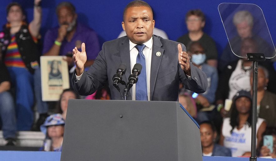 Rep. Don Davis, D-N.C., speaks at a campaign event for Democratic presidential nominee Vice President Kamala Harris, at East Carolina University, Sunday, Oct. 13, 2024, in Greenville, N.C. (AP Photo/David Yeazell)