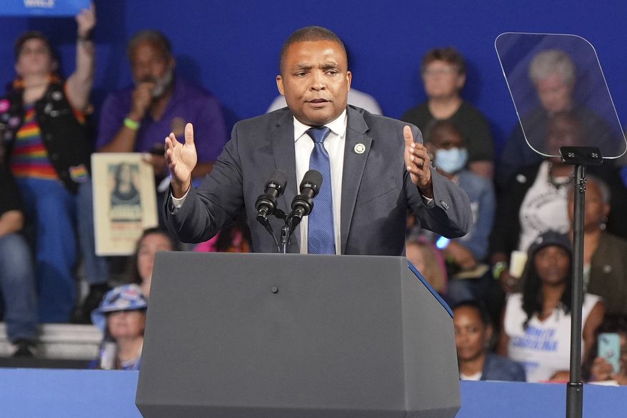 Rep. Don Davis, D-N.C., speaks at a campaign event for Democratic presidential nominee Vice President Kamala Harris, at East Carolina University, Sunday, Oct. 13, 2024, in Greenville, N.C. (AP Photo/David Yeazell)