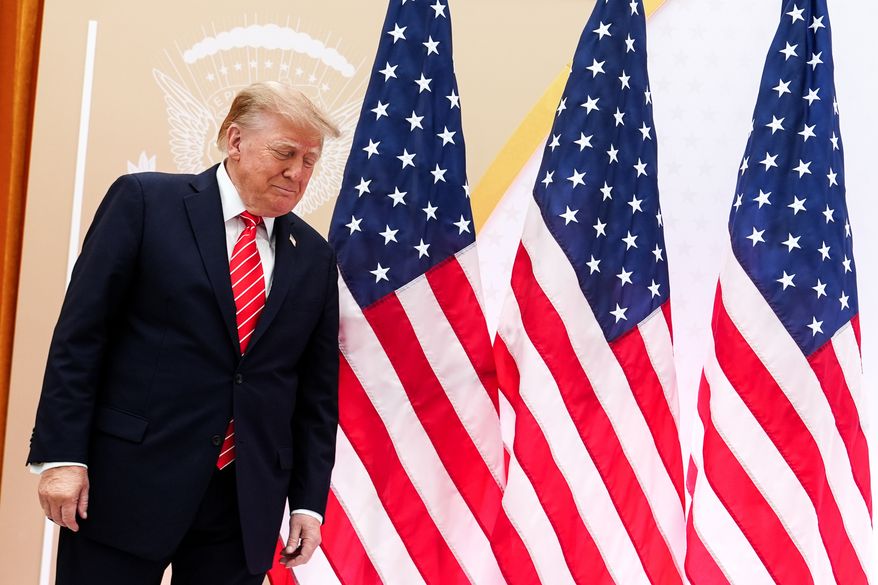 President Donald Trump arrives to speak at the U.S. Institute of Peace, Thursday, Oct. 8, 2026, in Washington. (AP Photo/Julia Demaree Nikhinson)