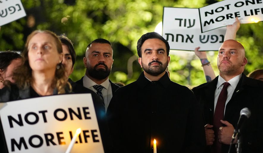 New York City Mayor Zohran Mamdani attends a vigil marking the third anniversary of the October 7 attacks on Israel Wednesday, Oct. 7, 2026, in New York. (AP Photo/Frank Franklin II)