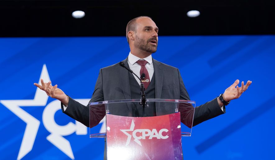 Eduardo Bolsonaro, a member of the Brazil Chamber of Deputies, speaks during the Conservative Political Action Conference in Oxon Hill, Md., Feb. 20, 2025. (AP Photo/Jose Luis Magana, File)