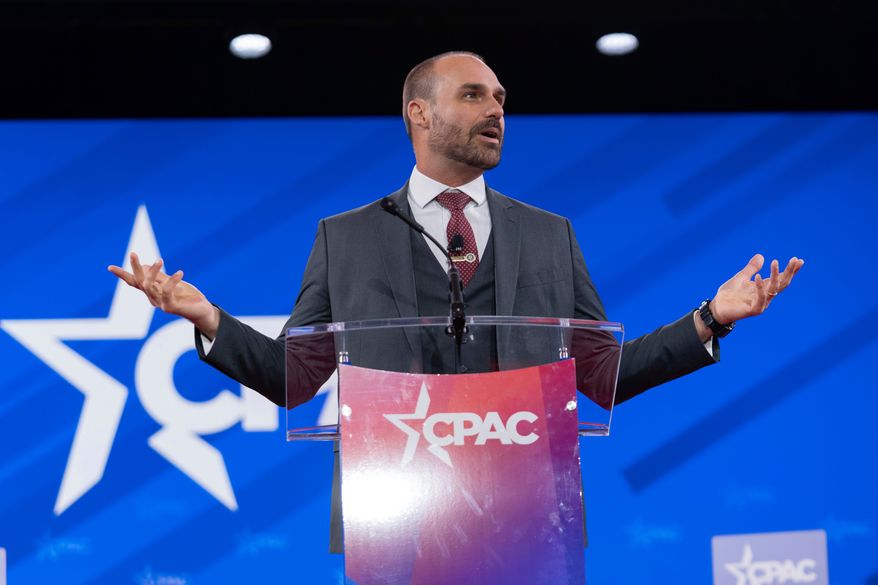 Eduardo Bolsonaro, a member of the Brazil Chamber of Deputies, speaks during the Conservative Political Action Conference in Oxon Hill, Md., Feb. 20, 2025. (AP Photo/Jose Luis Magana, File)