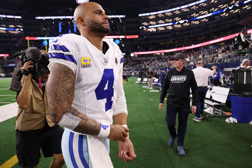 Dallas Cowboys quarterback Dak Prescott (4) leaves the field after a loss to the Tampa Bay Buccaneers in an NFL football game in Arlington, Texas on Thursday, Oct. 8, 2026. (AP Photo/Sam Hodde)