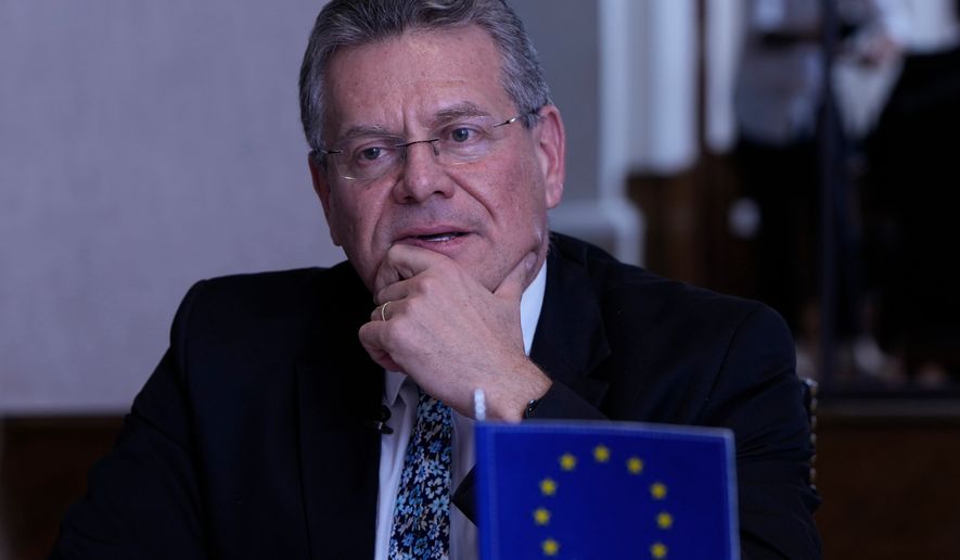 FILE -The European Commissioner for Trade and Economic Security Maros Sefcovic speaks during an interview in Asuncion, Paraguay, Jan. 17, 2026. (AP Photos/Jorge Saenz, File)