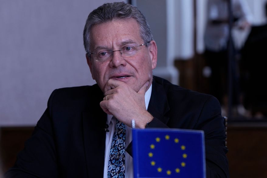 FILE -The European Commissioner for Trade and Economic Security Maros Sefcovic speaks during an interview in Asuncion, Paraguay, Jan. 17, 2026. (AP Photos/Jorge Saenz, File)