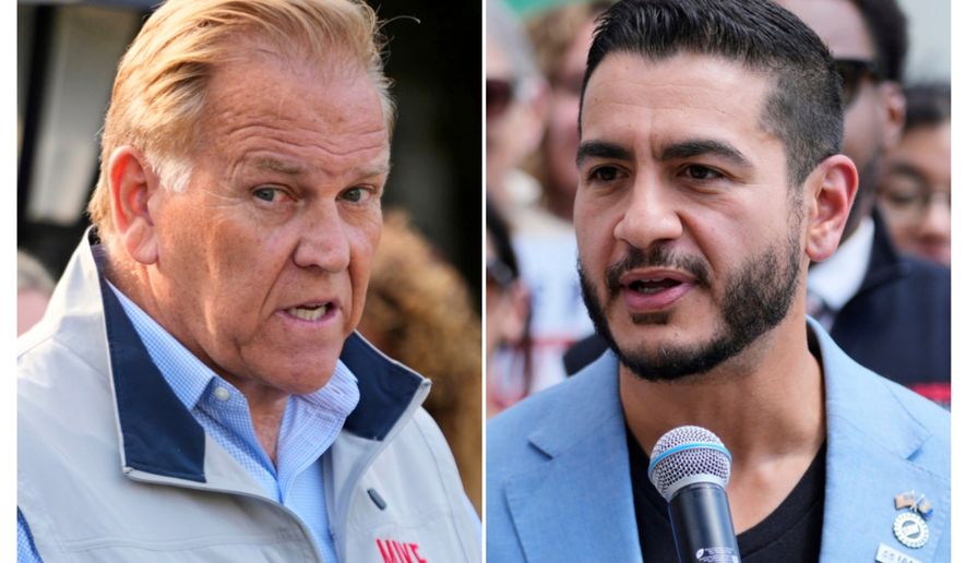 This combination photo of images taken in Detroit shows Senate nominees Republican Mike Rogers, Aug. 20, 2026, left, and Democrat Abdul El-Sayed, Aug. 19, 2026. (AP Photos/Paul Sancya)